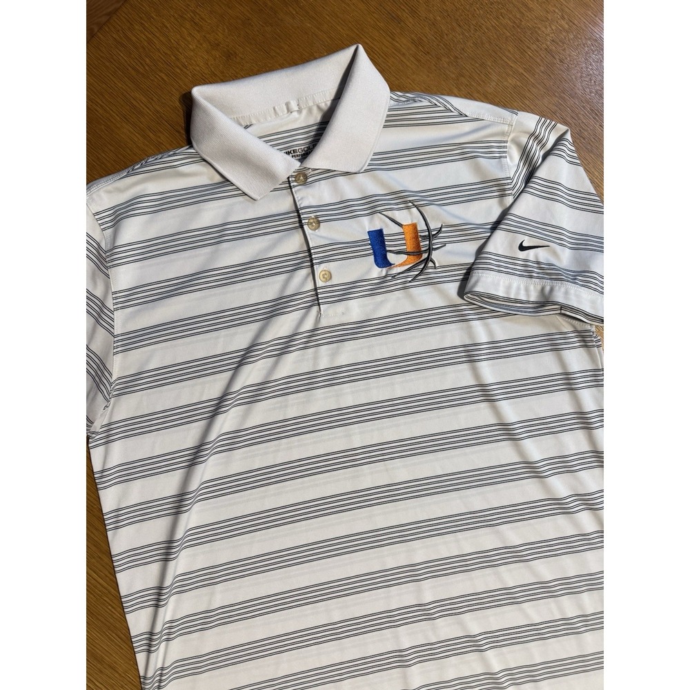 Nike‎ Golf Dri Fit Miami Hurricanes Polo Mens L Striped NCAA Swoosh Shirt